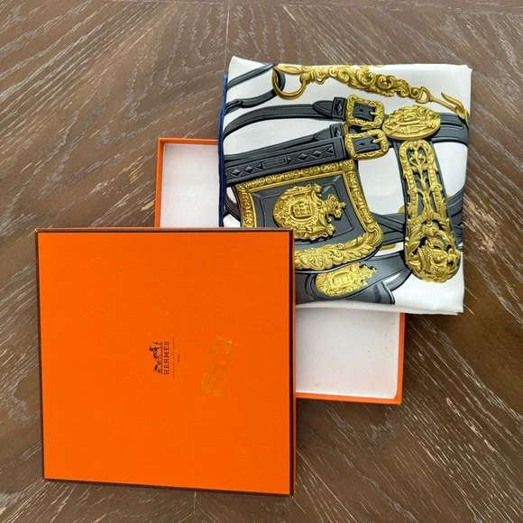 Hermès Brides de Gala Silk Scarf in Royal Blue White & Gold - Picture 12 of 14